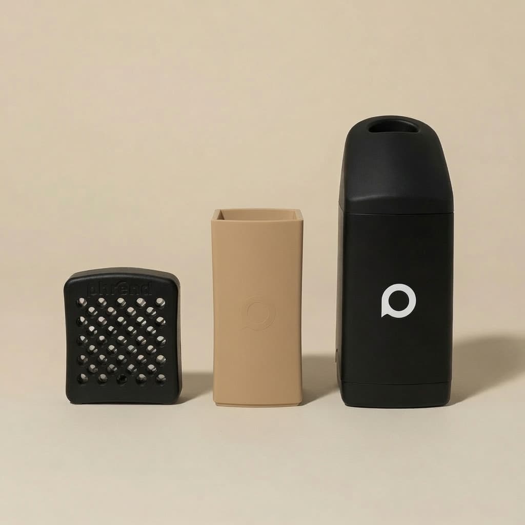 Black PHREND cartridge, sleeve, and assembled device on a beige background